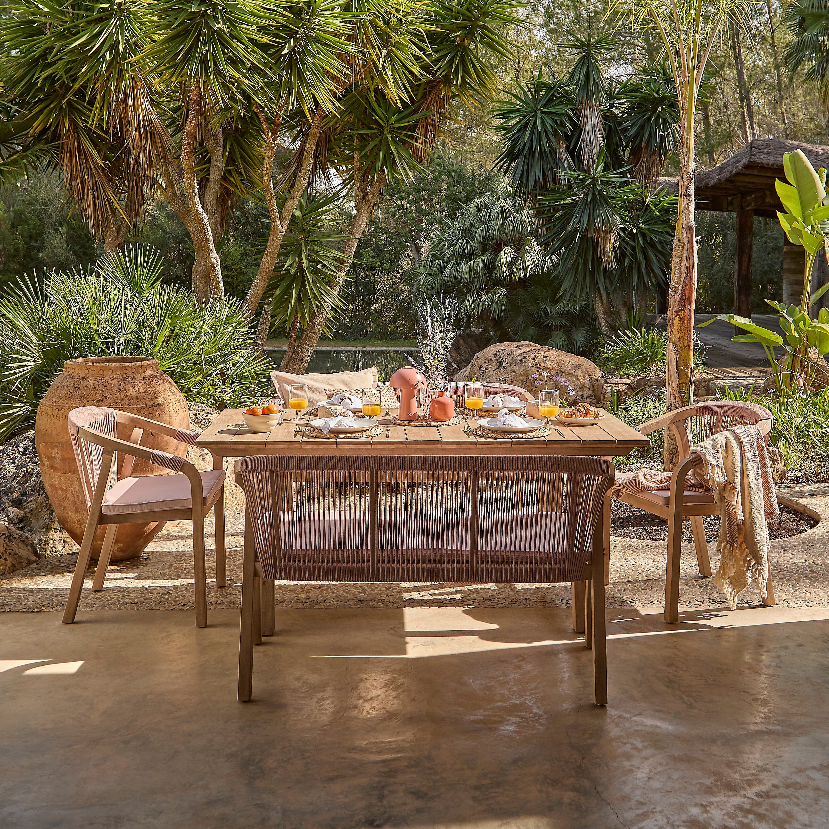 Shiro 6 Seater Wooden Garden Dining Set with 2 Shiro Benches & 2 Shiro Chairs - Pink Rope - Image 6