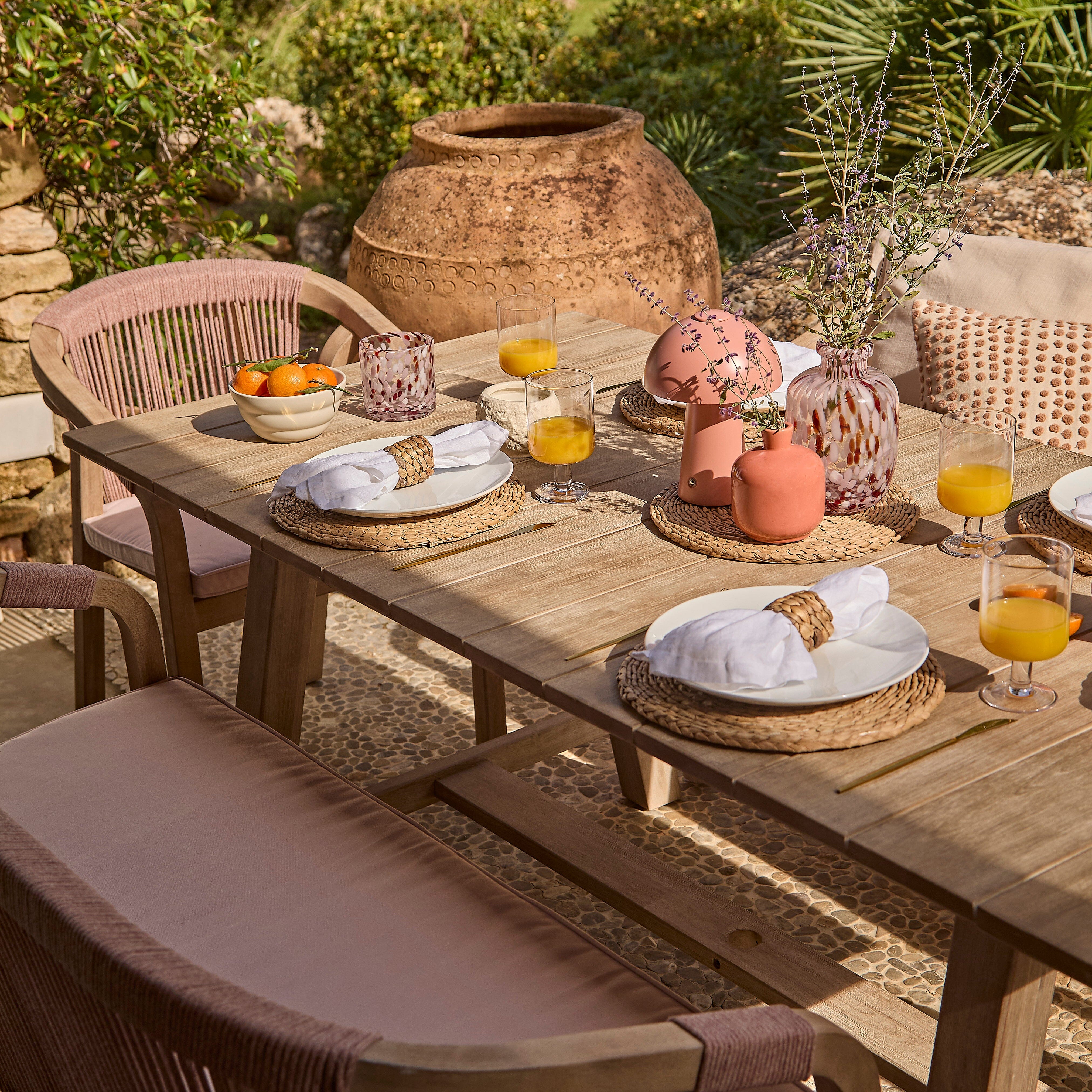 Shiro 6 Seater Wooden Garden Dining Set with 2 Shiro Benches & 2 Shiro Chairs - Pink Rope - Image 5