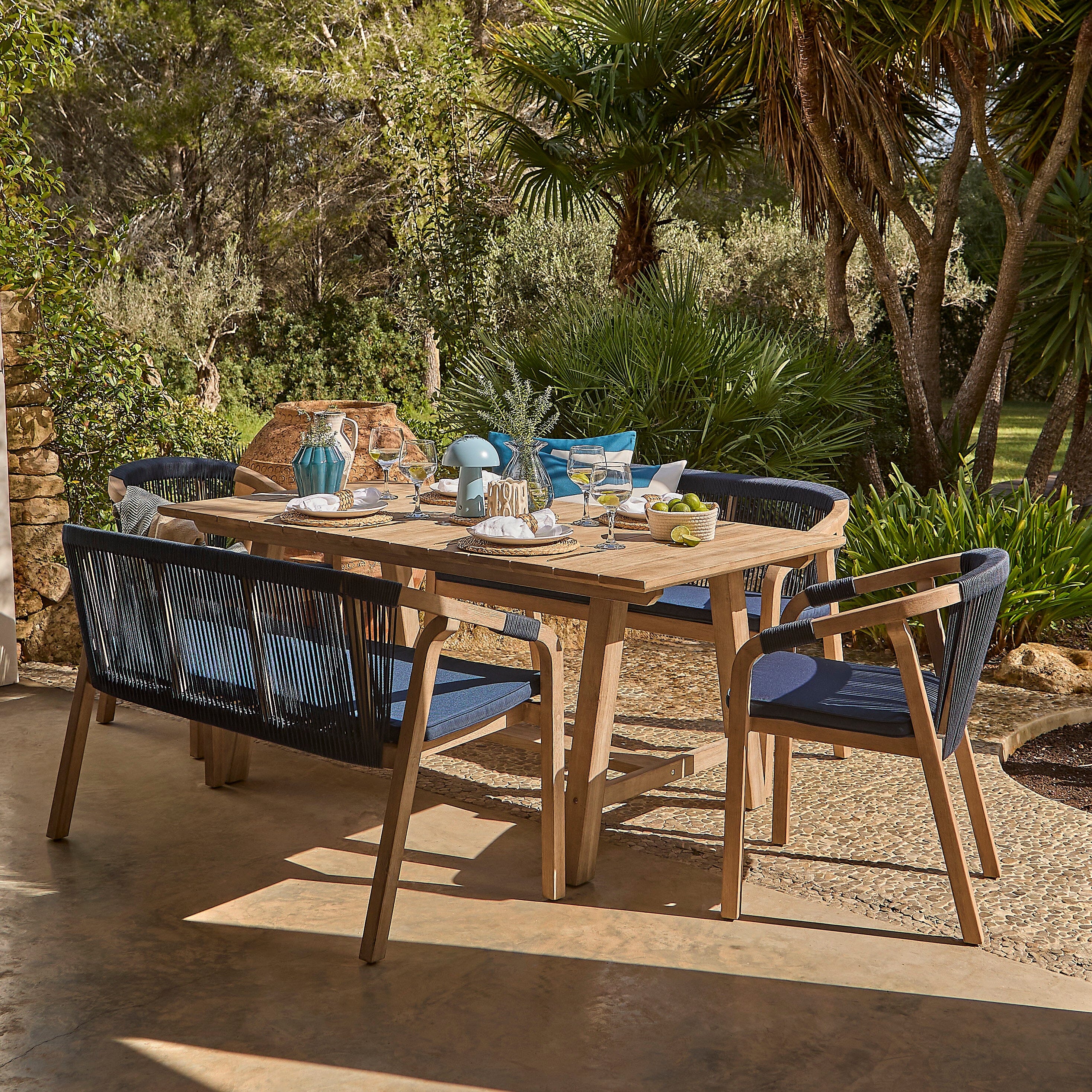 Shiro 6 Seater Wooden Garden Dining Set with 2 Shiro Benches & 2 Shiro Chairs - Navy Rope - Image 1