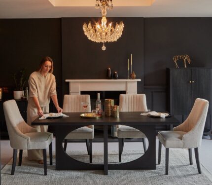 Jade Jet Black Rectangular Acacia Dining Table Set - 4 Seater - Nadine Marl Taupe Dining Chairs with Black Legs