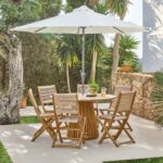 Willow 6 Seater Round Wooden Garden Dining Set with 6 Cove Rope Chairs & Round Cream Parasol
