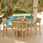 Willow 4 Seater Wooden Brushed Light Acacia Round Garden Dining Set with Saffron Natural and Beige Chairs