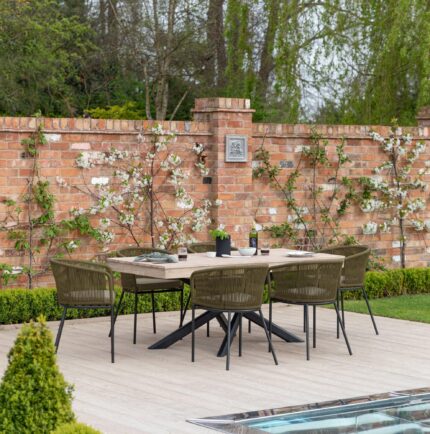 Amelia 6 Seater Wooden Garden Dining Set with 6 Hali Green Chairs - Light Brushed Acacia with Black Legs