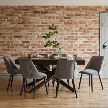 Amelia Black Extendable Dining Table Set - 6 Seater - Freya Grey Dining Chairs - Black Legs
