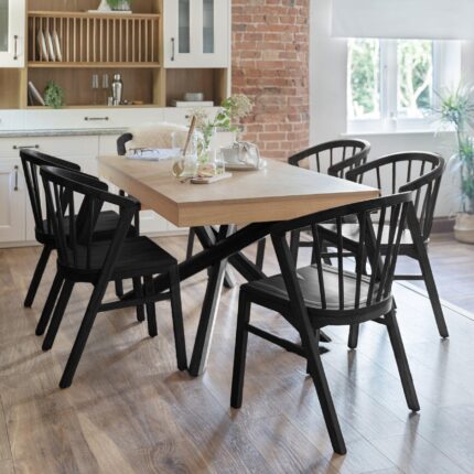 Amelia Whitewash Dining Table Set - 6 Seater - Mabel Black Spindle Back Chairs