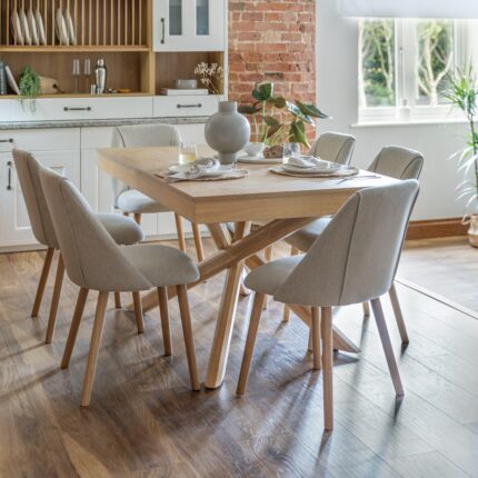 Amelia Whitewash Dining Table Set - 6 Seater - Freya Sand Dining Chairs - Whitewash Oak Legs