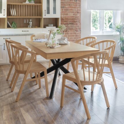 Amelia Pale Oak Dining Table Set with Black Legs - 6 Seater - Mabel Pale Oak Spindle Back Chairs