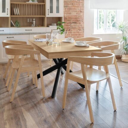 Amelia Pale Oak Extendable Dining Table Set with Black Legs  - 6 Seater - Pale Oak Armchairs