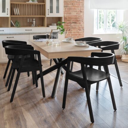 Amelia Whitewash Extendable Dining Table Set - 6 Seater - Ella Black Armchairs