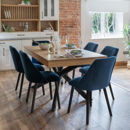 Amelia Whitewash Extendable Dining Table Set - 6 Seater - Freya Blue Dining Chairs - Black Legs