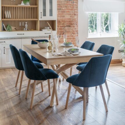 Amelia Whitewash Extendable Dining Table Set - 6 Seater - Freya Blue Dining Chairs - Whitewash Oak Legs