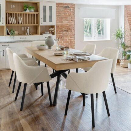 Amelia Whitewash Dining Table Set - 6 Seater - Freya Boucle Carver Chairs - Black Legs