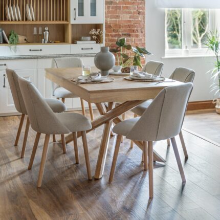 Amelia Whitewash Extendable Dining Table Set - 6 Seater - Freya Sand Dining Chairs - Oak Legs