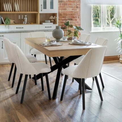 Amelia Whitewash Dining Table Set - 6 Seater - Freya Boucle Dining Chairs - Black Legs