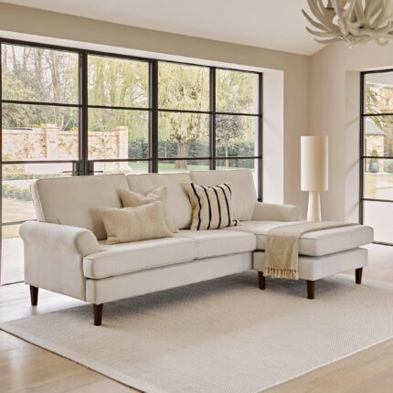 Outlet - Annabelle Corner Sofa With Chaise Natural Ivory With Dark Oak Legs