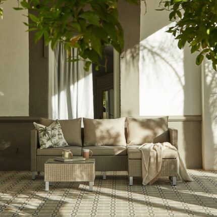Aria 3 Seater Rattan Sofa Set with Footstool and Coffee Table - Light Grey