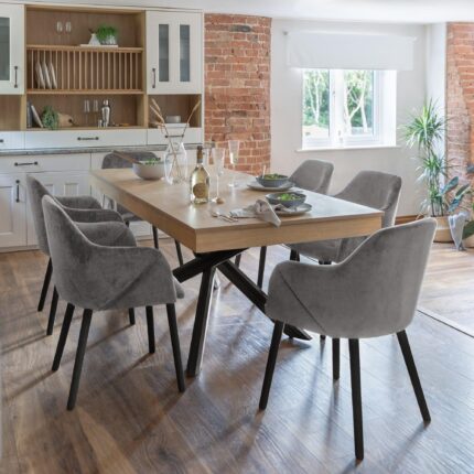 Amelia Whitewash Dining Table Set - 6 Seater - Freya Grey Carver Chairs - Black Legs
