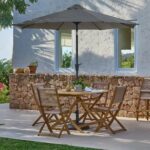Ashby 4 Seater Wooden Round Garden Dining Set with 4 Cove Rope Chairs & Grey Parasol  - 130cm
