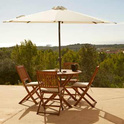 Ashby 4 Seater Round Wooden Garden Armchair Dining Set with Cream LED Premium Parasol  - 100cm