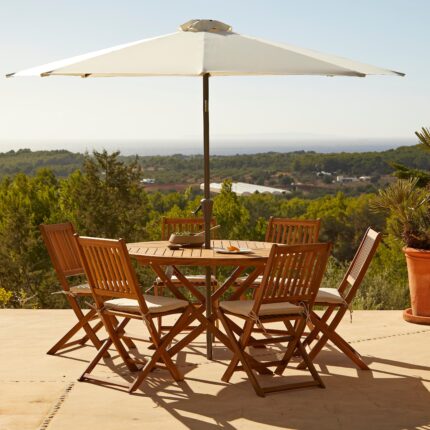 Ashby 6 Seater Round Wooden Garden Dining Set & Cream Parasol - 130cm