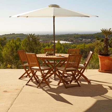 Ashby 6 Seater Round Wooden Garden Dining Set with Arms & Cream Parasol - 130cm