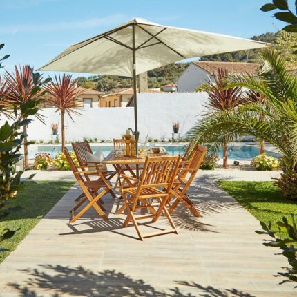 Ashby 6 Seater Wooden Garden Dining Set & Cream LED Premium Parasol  - 150cm