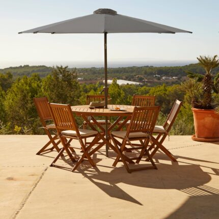 Ashby 6 Seater Round Wooden Garden Dining Set with Arms & Grey Parasol - 130cm