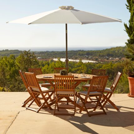 Ashby 8 Seater Wooden Round Garden Armchair Dining Set with Cream Parasol - 160cm