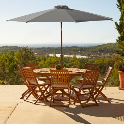 Ashby 8 Seater Wooden Round Garden Dining Set with Arms & Grey Parasol - 160cm