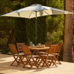 Ashby 6 Seater Wooden Rectangular Garden Dining Set with Cream LED Premium Parasol - 150cm