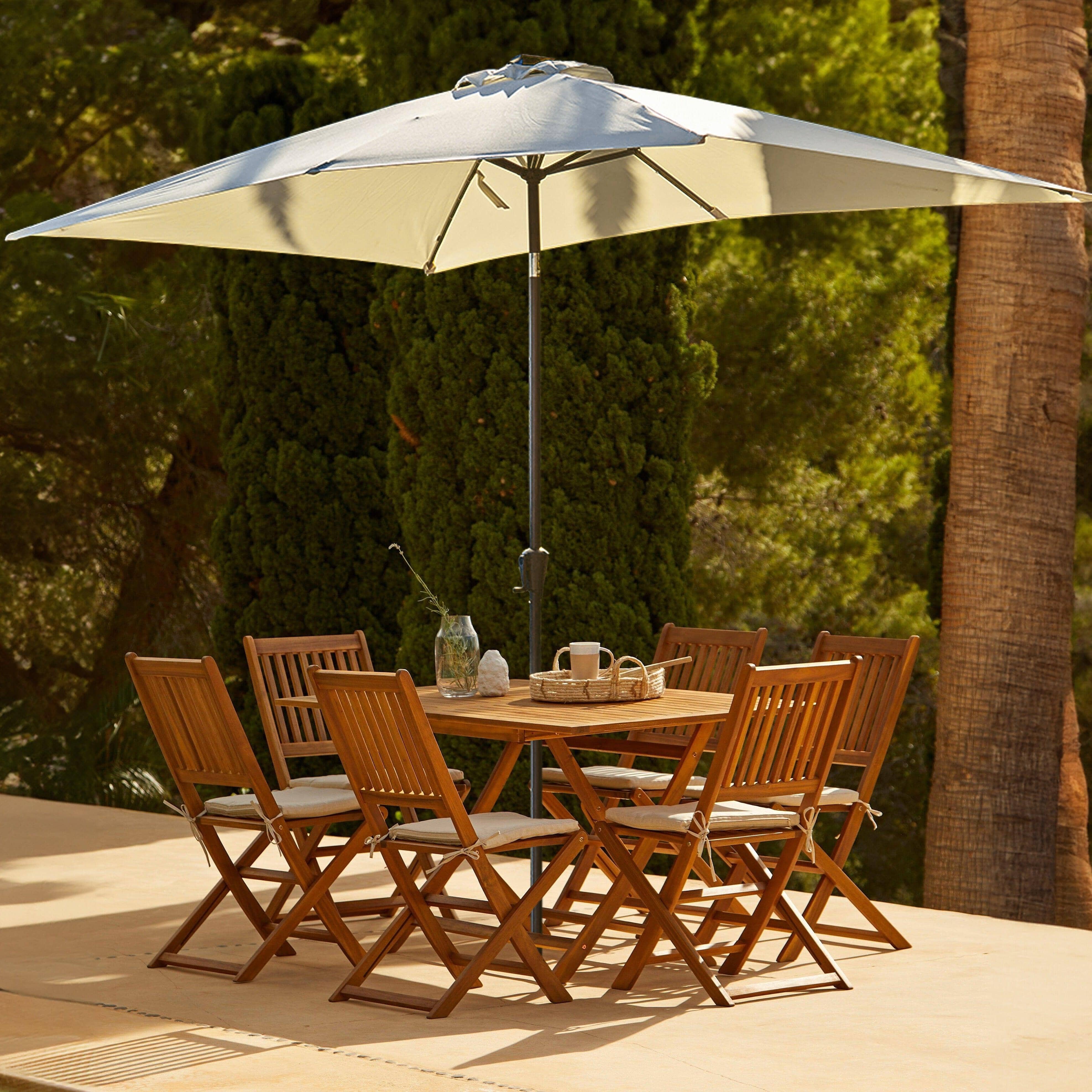 Ashby 6 Seater Wooden Rectangular Garden Dining Set with Cream LED Premium Parasol - 150cm