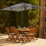 Ashby 6 Seater Wooden Rectangular Garden Dining Set with Grey LED Premium Parasol - 150cm