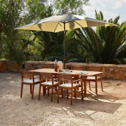 Aspen 6 Seater Wooden Extendable Garden Dining Set with Cream LED Premium Parasol  - 160cm to 240cm