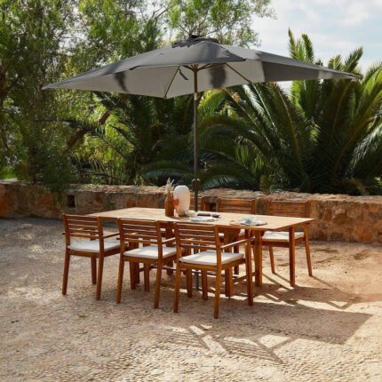 Aspen 6 Seater Wooden Extendable Garden Dining Set with Cushions & Grey LED Premium Parasol  - 160cm to 240cm