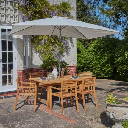 Aspen 6 Seater Wooden Garden Dining Set with Cream LED Premium Parasol  - 140cm to 200cm