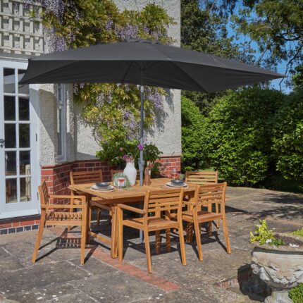 Aspen 6 Seater Wooden Garden Dining Set with Grey LED Premium Parasol  - 140cm to 200cm
