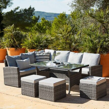 Outlet - Aston 9 Seater Rattan Corner Sofa Set With Glass Table Top - Grey