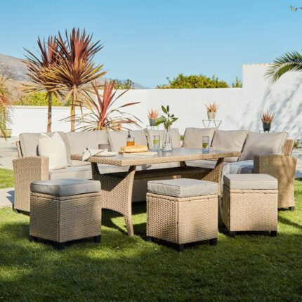 Aston Rattan Corner Sofa Set - 9 Seater - Natural Brown - Glass Table Top