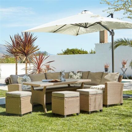 Aston 9 Seater Rattan Corner Sofa Set with Cream Lean Over Parasol with Glass Table Top - Natural Brown