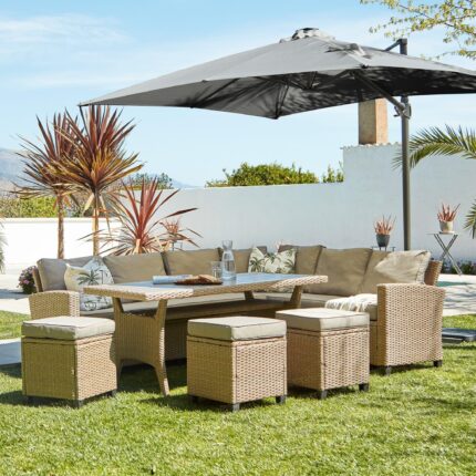 Aston 9 Seater Rattan Corner Sofa Set with Grey Lean Over Parasol with Polywood Table Top - Natural Brown