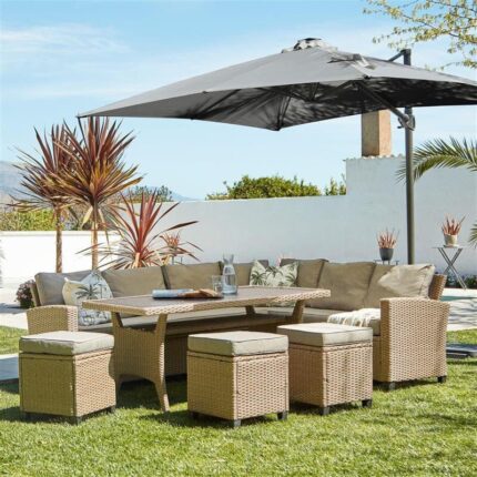 Aston 9 Seater Rattan Corner Sofa Set with Grey Lean Over Parasol with Glass Table Top - Natural Brown