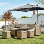 Aston 9 Seater Rattan Corner Sofa Set with Grey LED Premium Parasol with Glass Table Top - Natural Brown