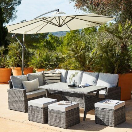 Aston 9 Seater Rattan Garden Corner Sofa Set with Cream Lean Over Parasol - Polywood Top - Grey