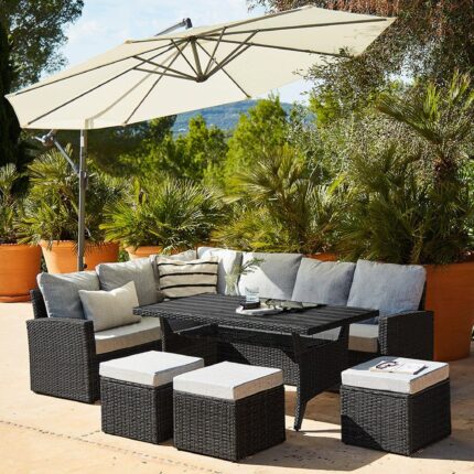 Aston 9 Seater Rattan Garden Corner Sofa Set with with Cream Lean Over Parasol - Black Polywood Top