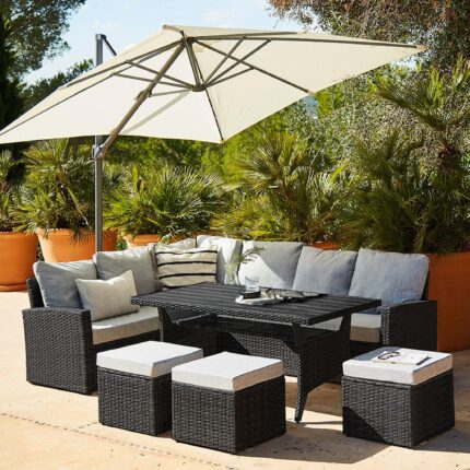 Aston 9 Seater Rattan Garden Corner Sofa Set with with Cream LED Premium Cantilever Parasol - Polywood Top - Black