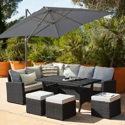 Aston 9 Seater Rattan Garden Corner Sofa Set with with Grey LED Premium Cantilever Parasol - Polywood Top - Black