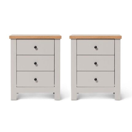 Bampton 3 Drawer Bedside Table - Set of 2 - Stone Grey