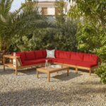 Dakota 7 Seater Wooden Corner Sofa Set - Natural Acacia with Red Cushions