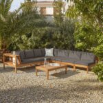 Dakota 7 Seater Wooden Corner Sofa Set - Natural Acacia with Grey Cushions
