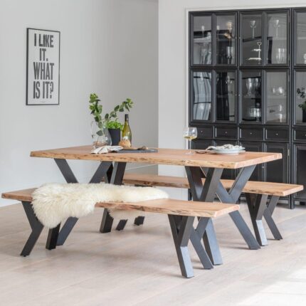 Bosco Acacia Wood Dining Table Set - 6 Seater - Bosco Dining Benches - Black Legs